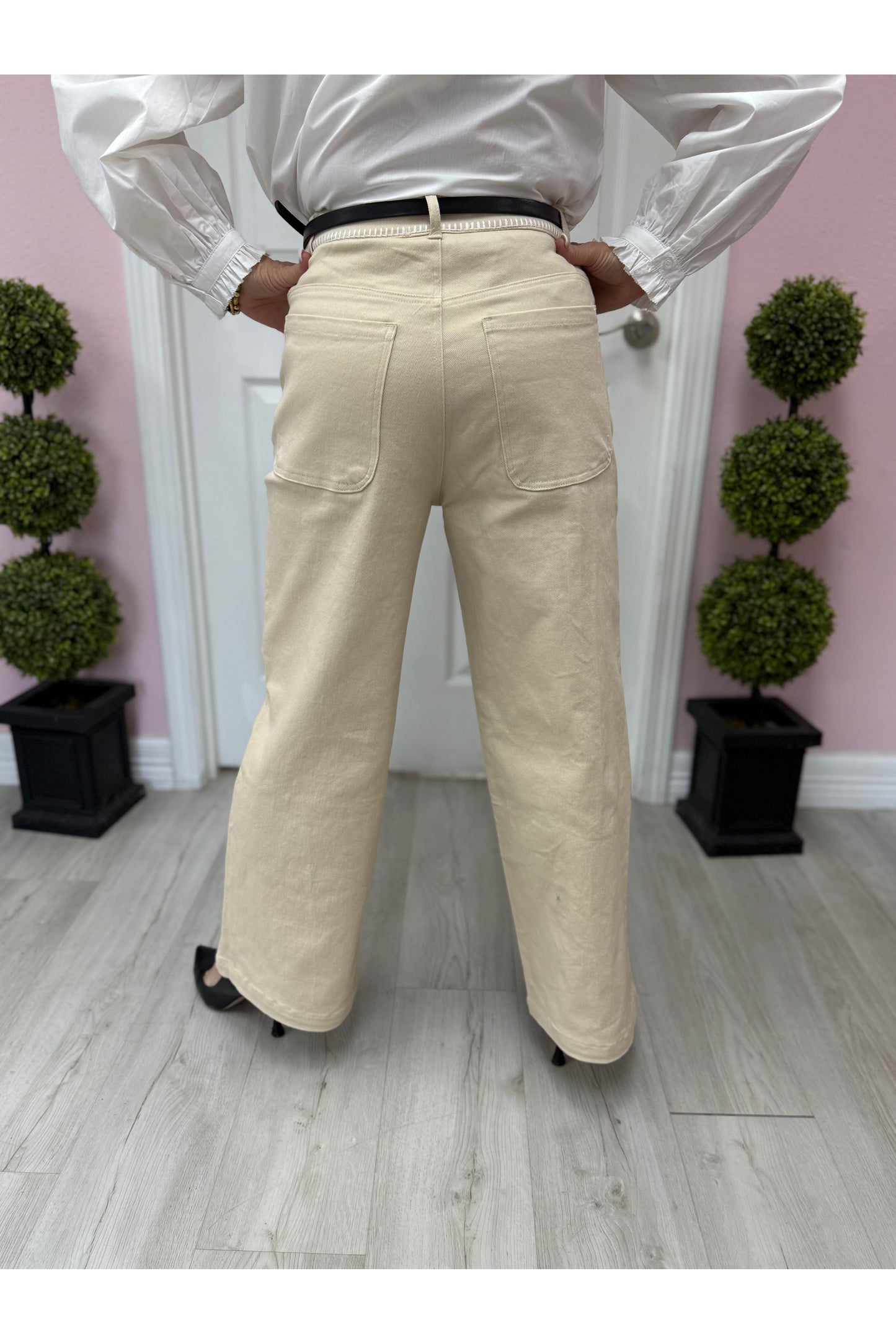 Cream Whip Stitch Wide Leg Pant