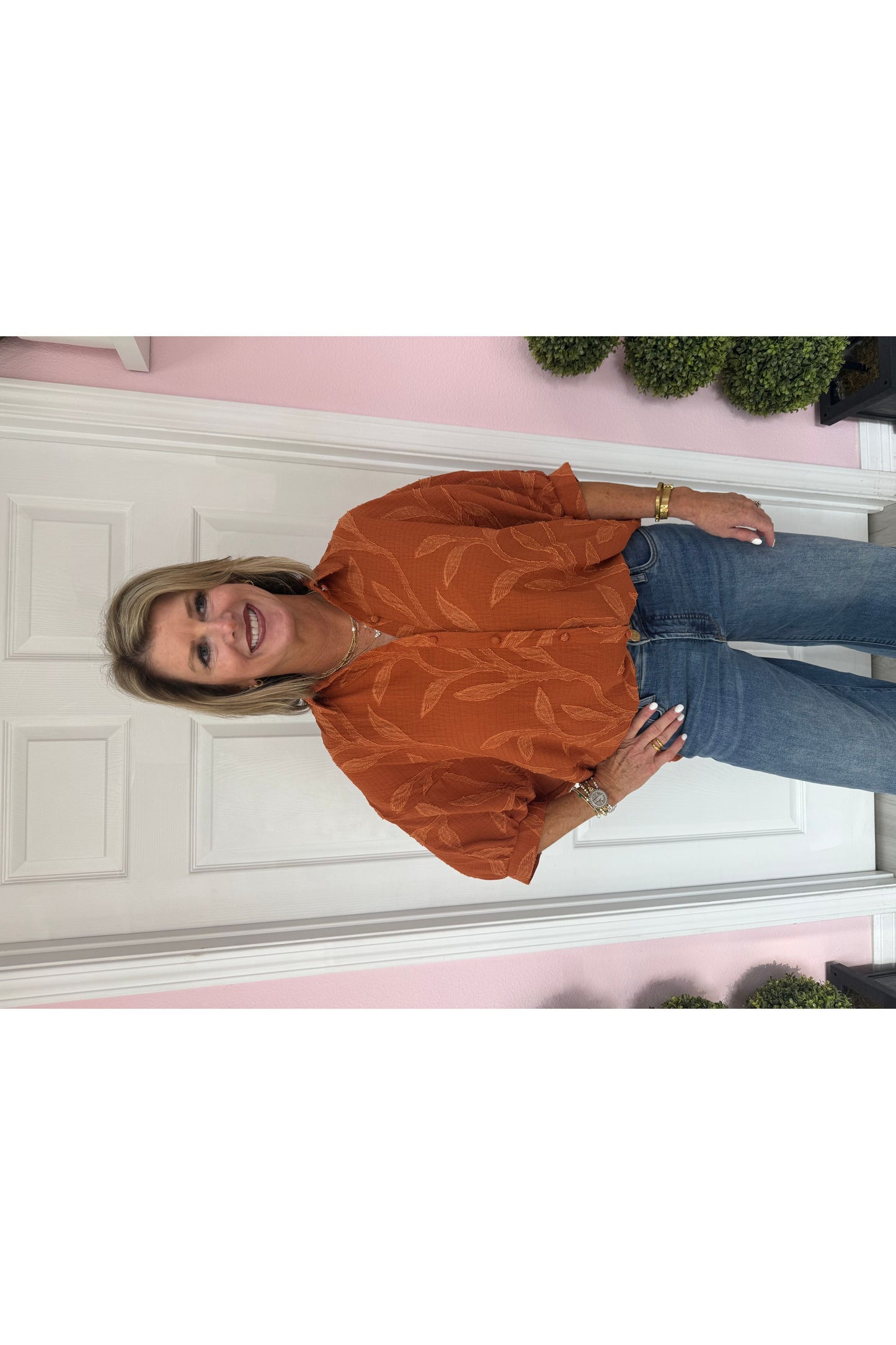 Jacquard Textured Leaf Button-Down Blouse