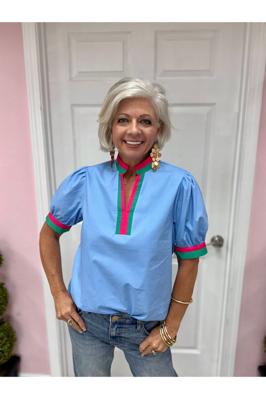 Blue Blouse w/Striped Accents