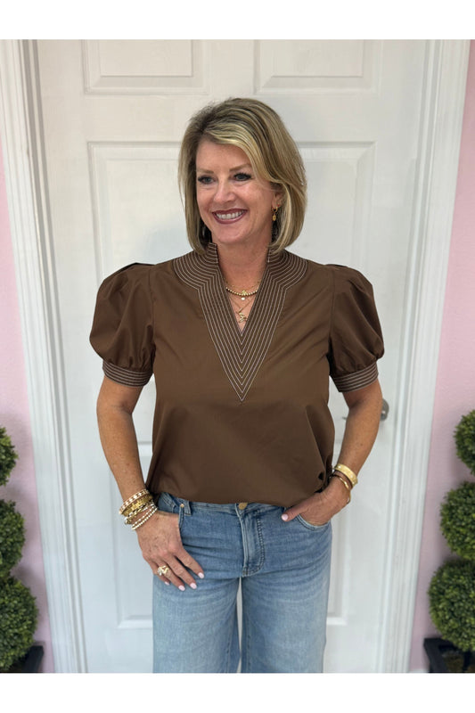 Erin Stitched Trim Vneck Blouse