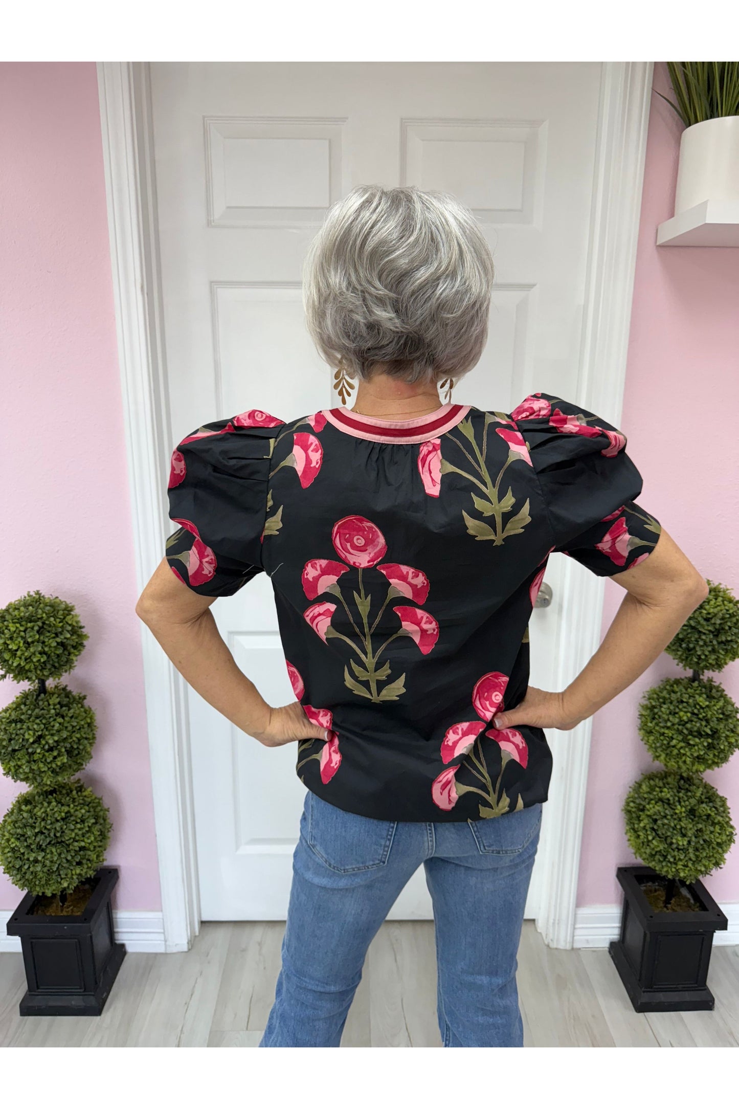 Black Floral Print Puff