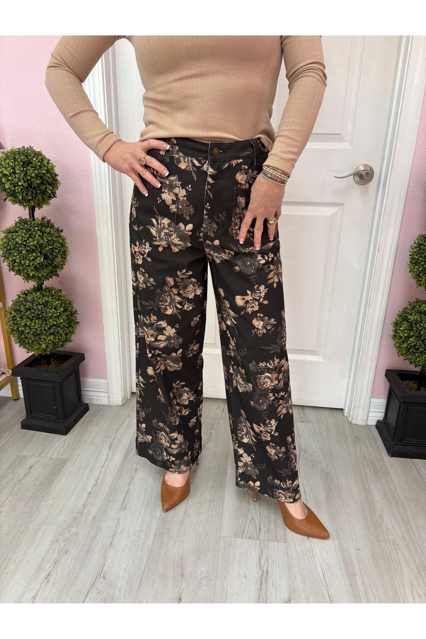 Black Floral Pattern Pants