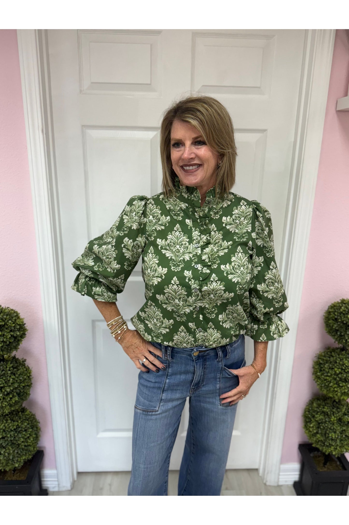 Green Baroque Ruffle Blouse