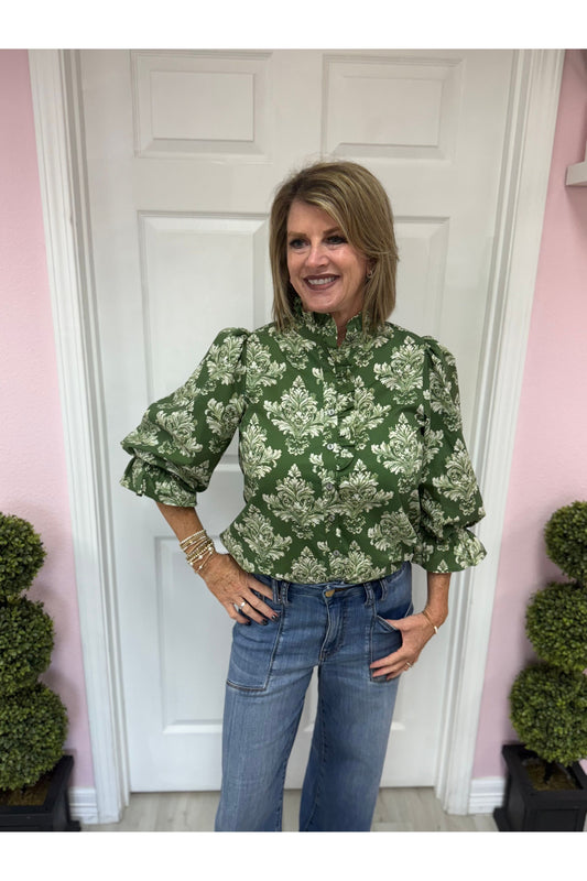Green Baroque Ruffle Blouse