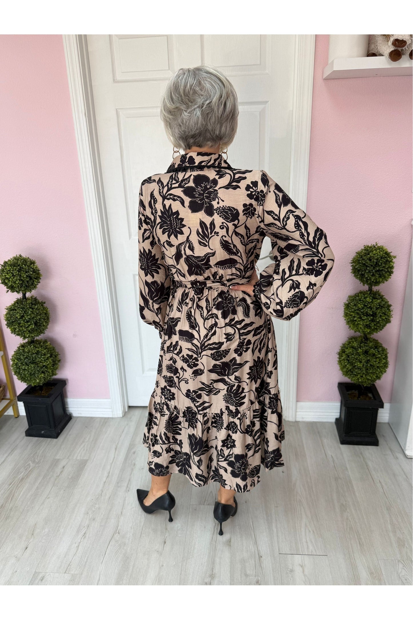 Shannon Tan & Black Floral Midi Dress