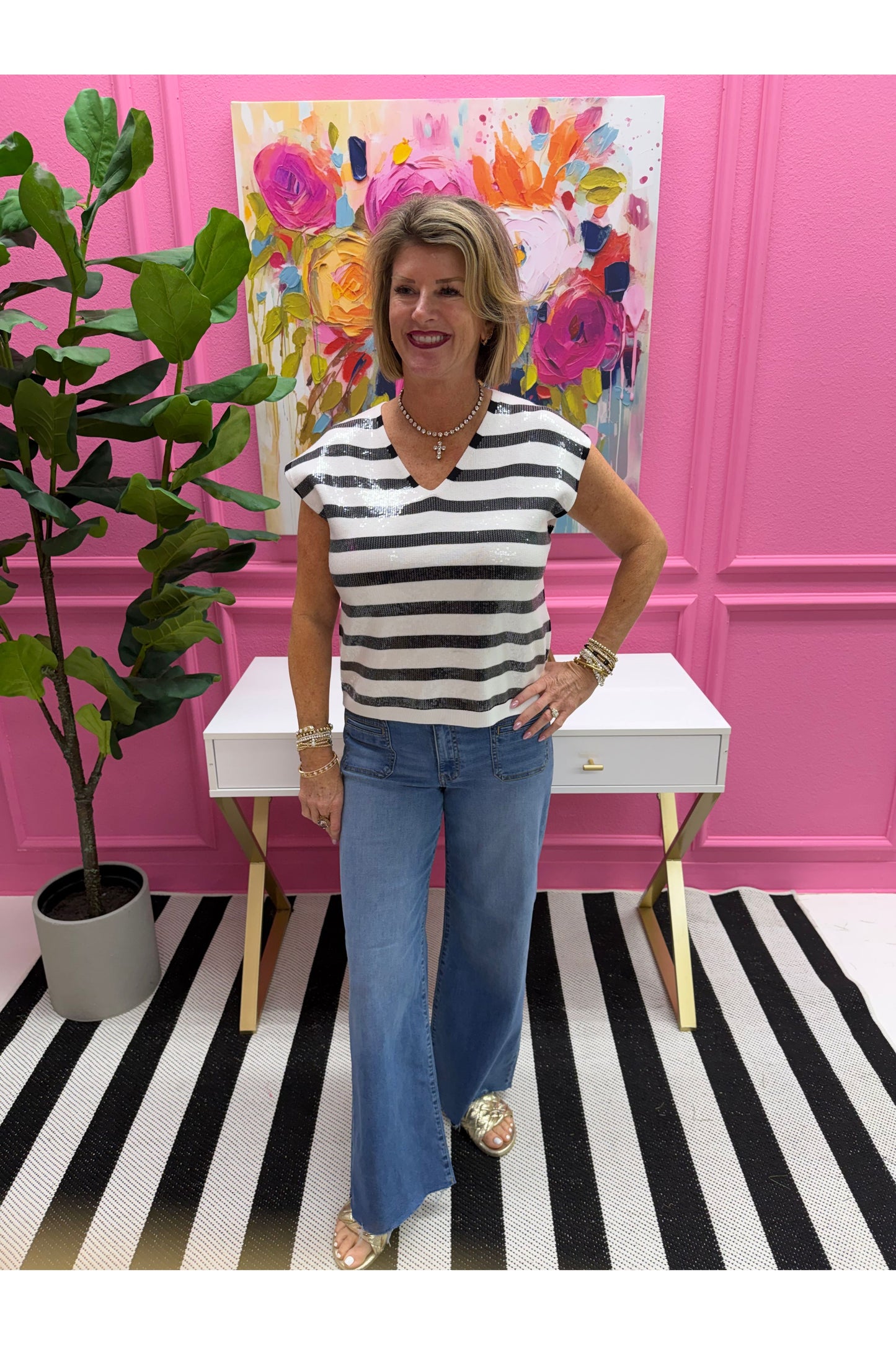 Mel Drop Shoulder Stripe Sequin Top