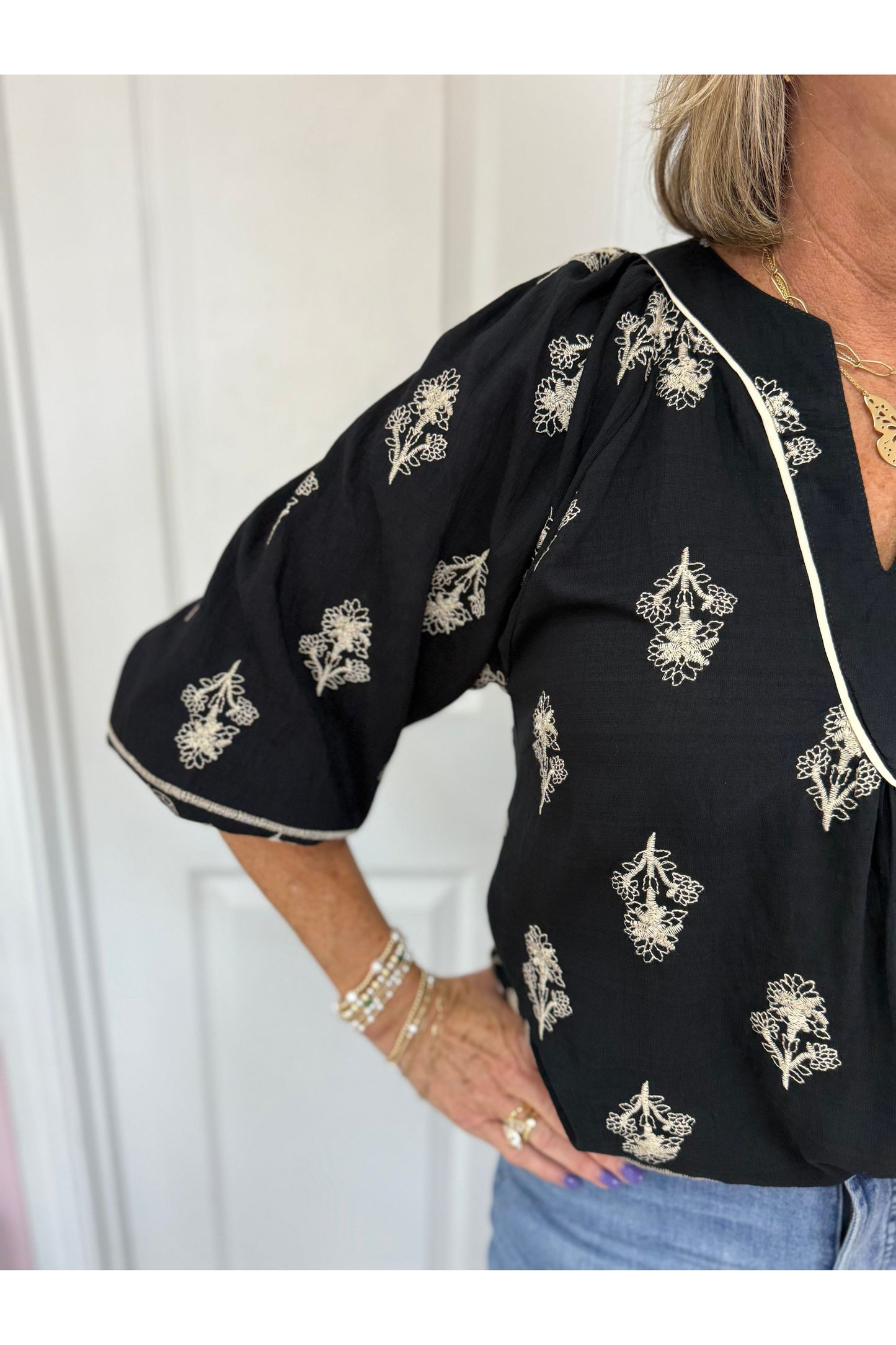 Embroidered Balloon Sleeve Blouse