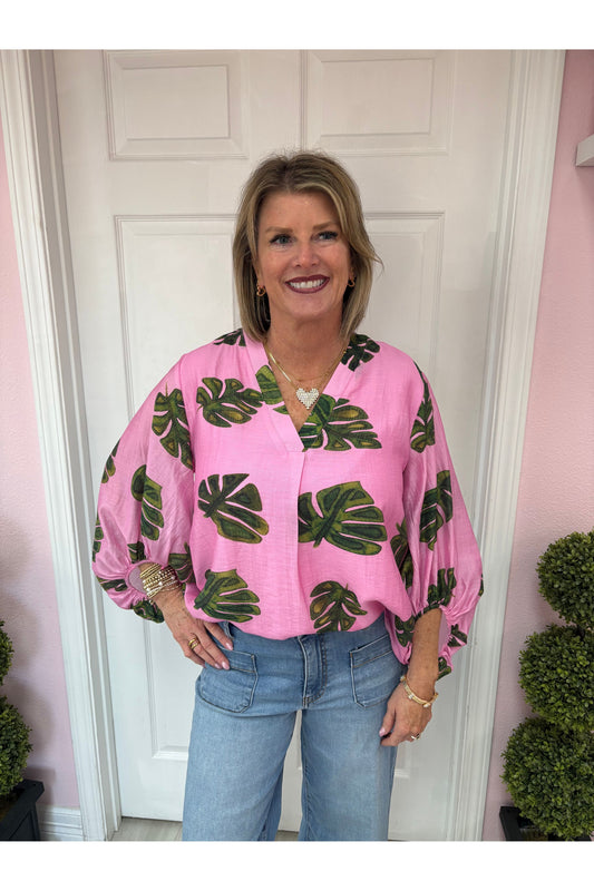 Pink Leaf Print Vneck Blouse