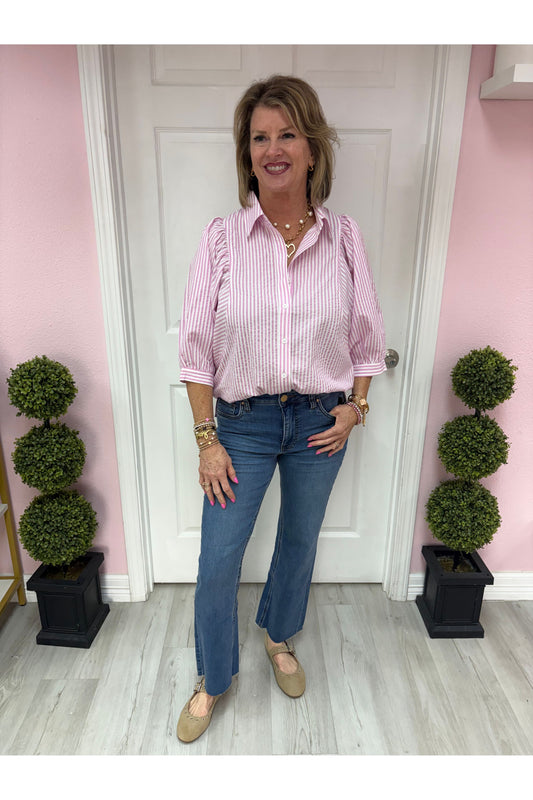 Pink Striped Puff Sleeve