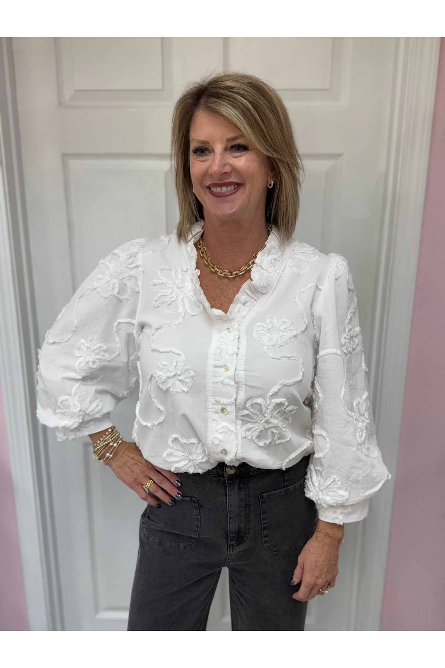 3/4 Sleeve 3D Floral Top