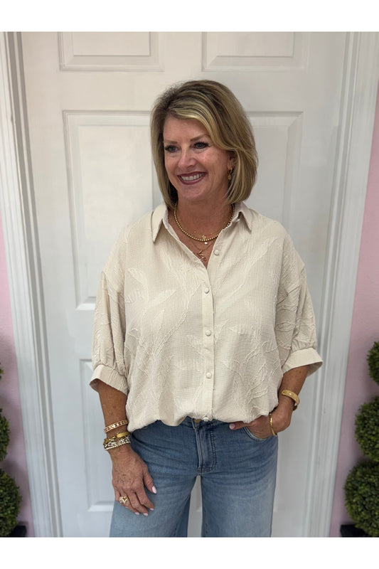 Jacquard Textured Leaf Button-Down Blouse