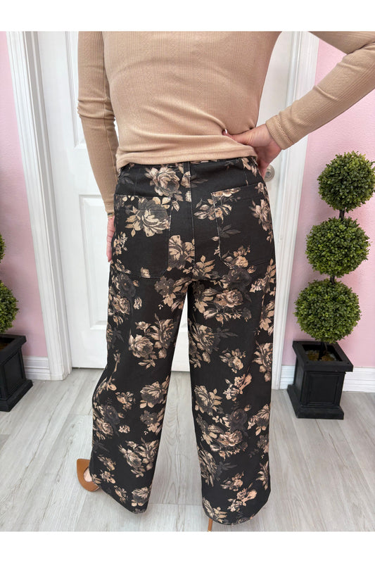 Black Floral Pattern Pants