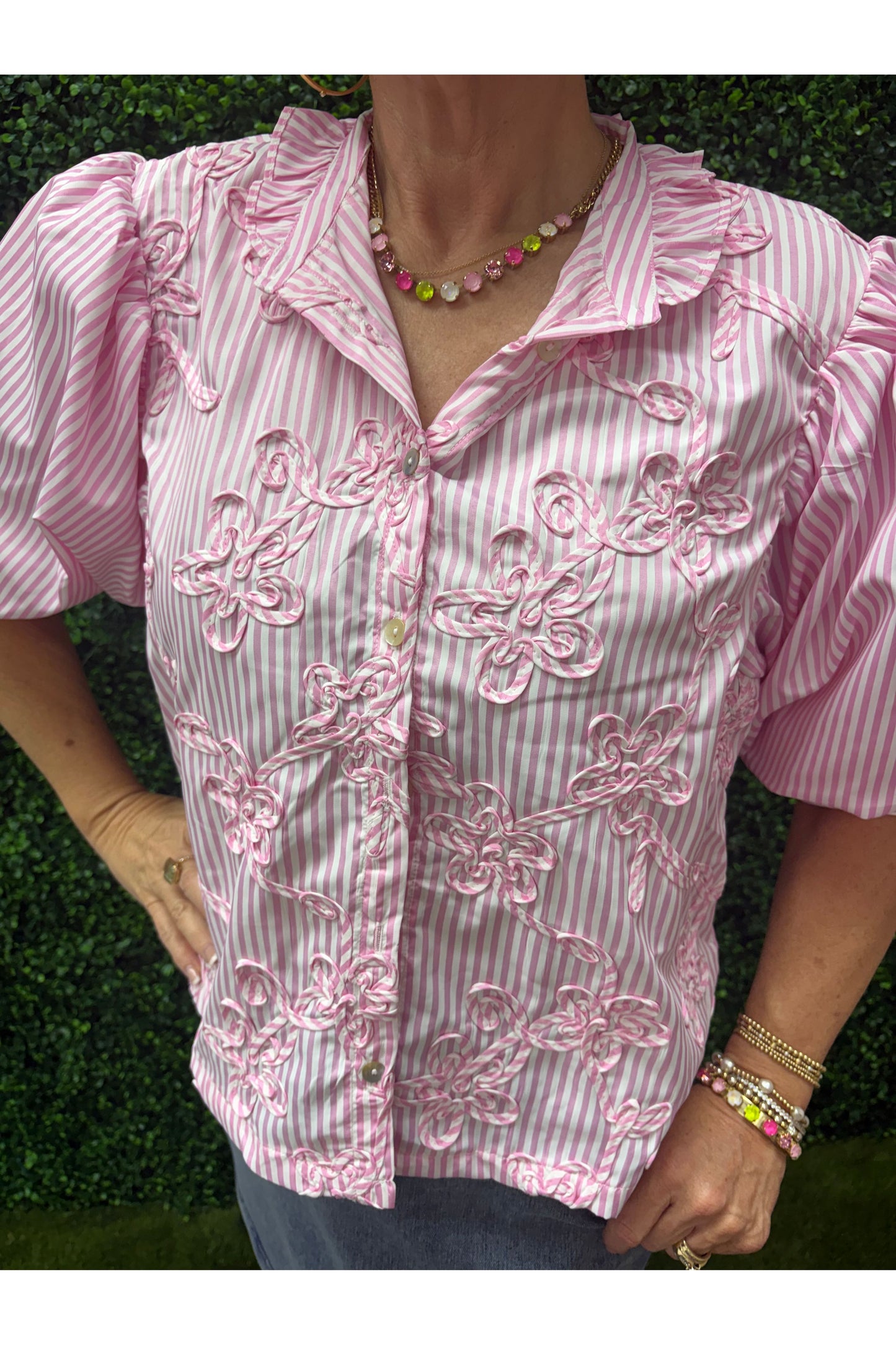 Puff Sleeve Blouse With Ruffle Neck Self-Fabric Cords Detail