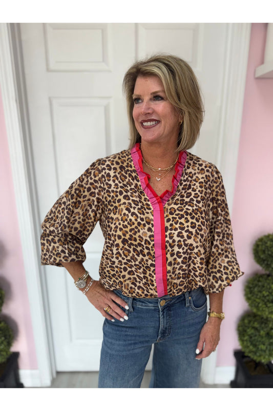 Leopard LS Blouse w/Wavy Trim