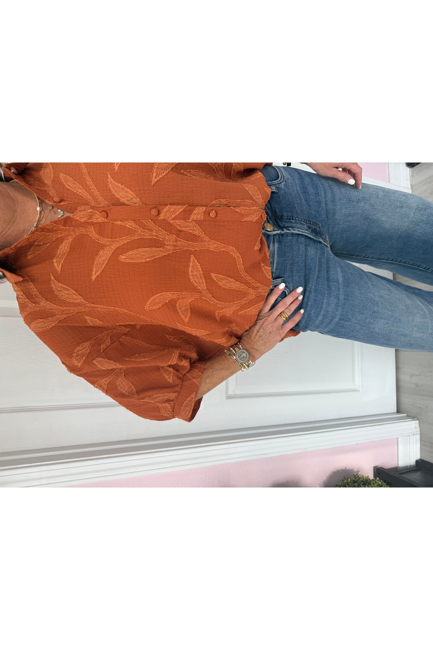 Jacquard Textured Leaf Button-Down Blouse