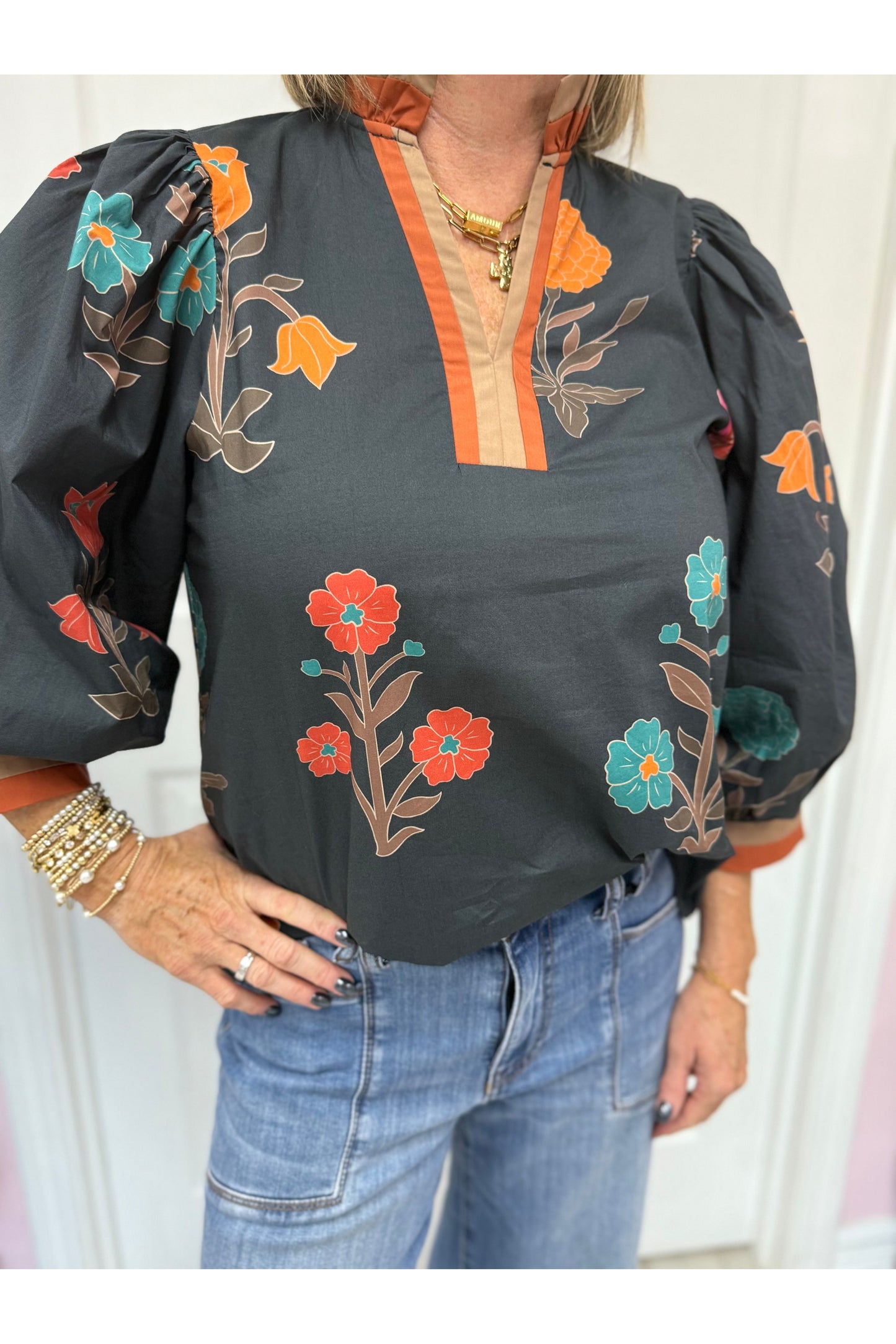 Carla Black Floral Print 3/4 Sleeve Top
