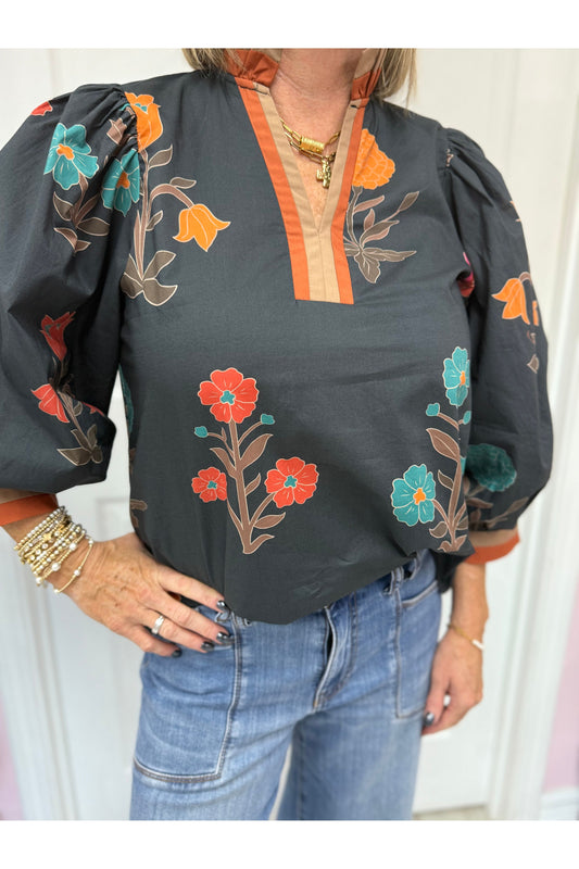 Carla Black Floral Print 3/4 Sleeve Top