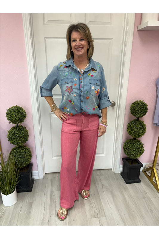 KFK Meg High Rise Wide Leg Linen - Flamingo