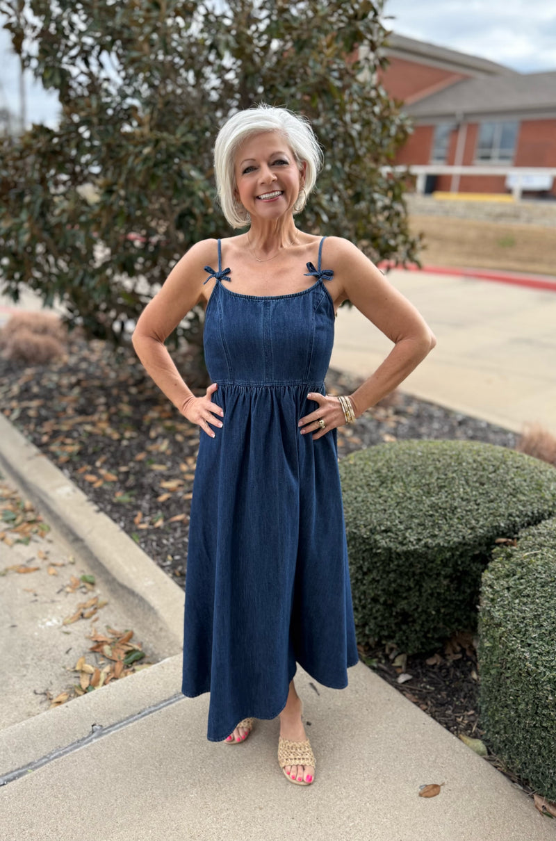 Denim Midi Dress w/Bow Accents