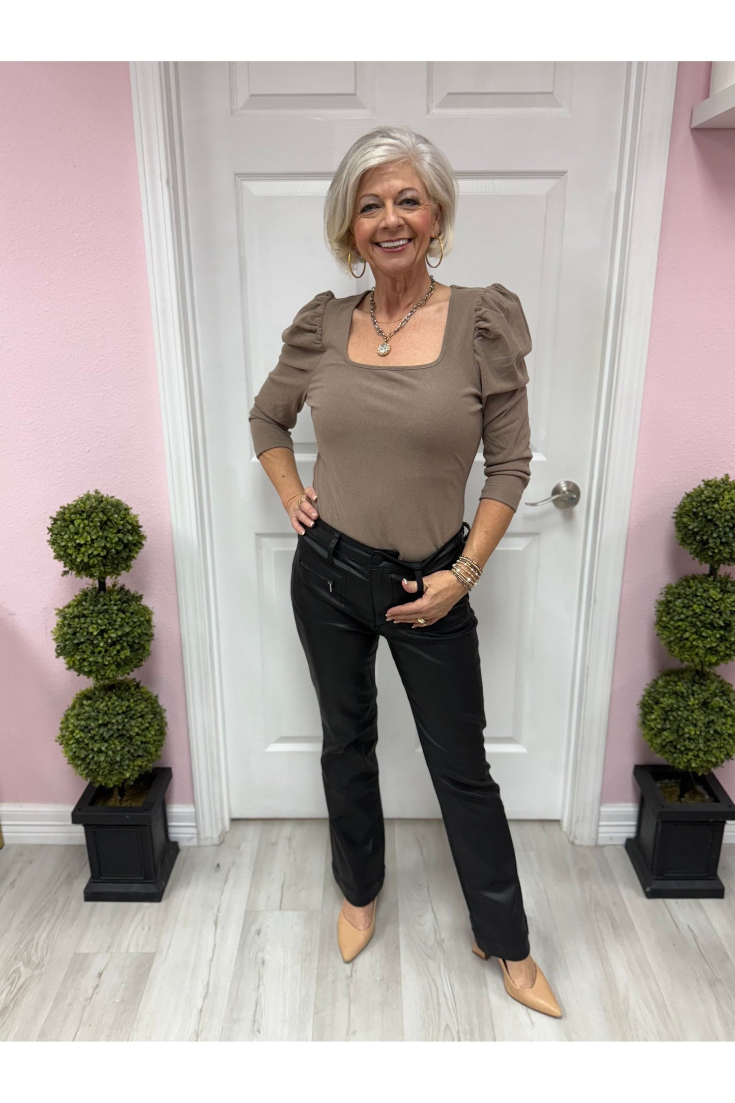 square neck puff shoulder knit top