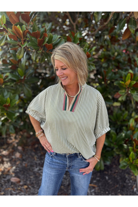 Olive Striped Blouse w/Contrasting Striped Accents