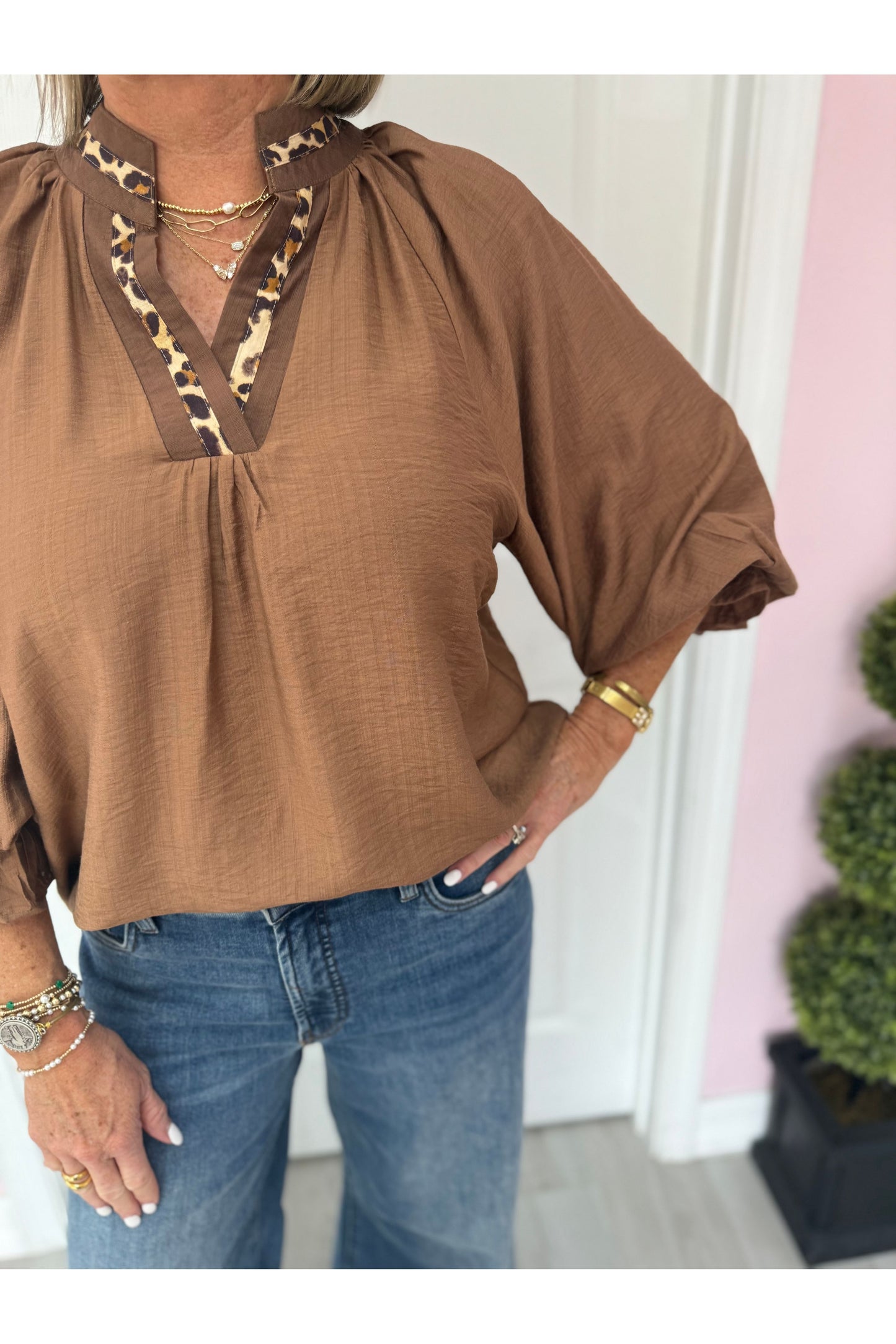 Leopard Trim V-Neck Blouse