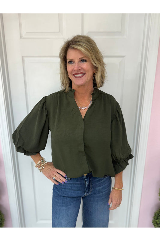 3/4 Sleeve Gathered Balloon Sleeve Blouse