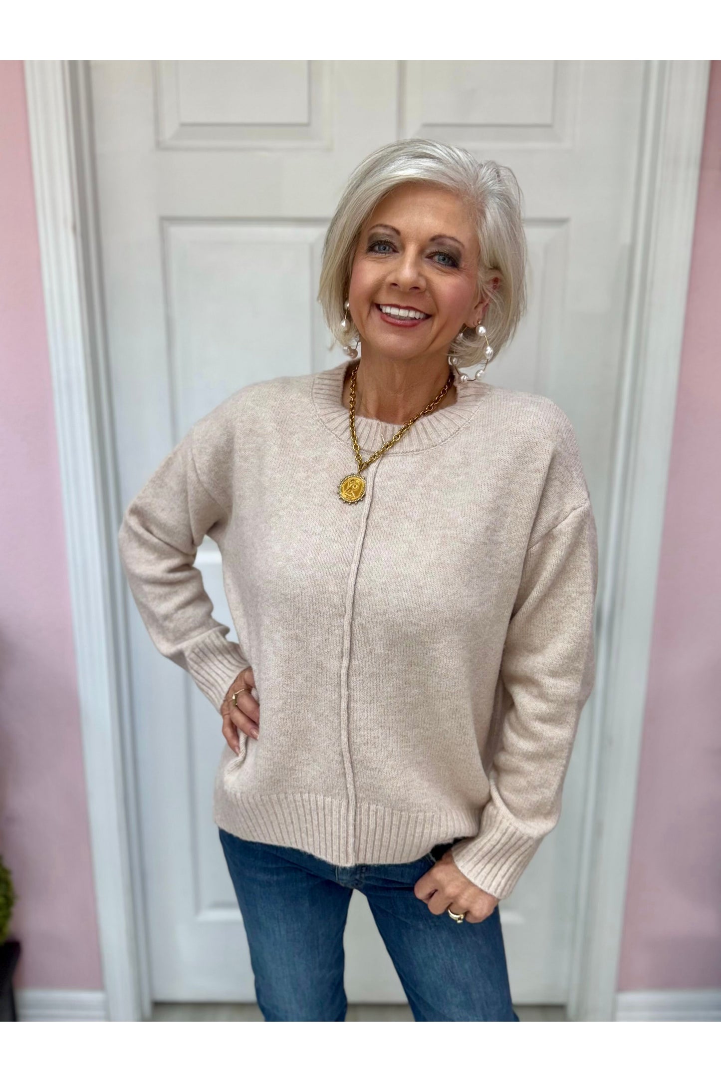 Minimalist Light Pink Ribbed Knit Sweater