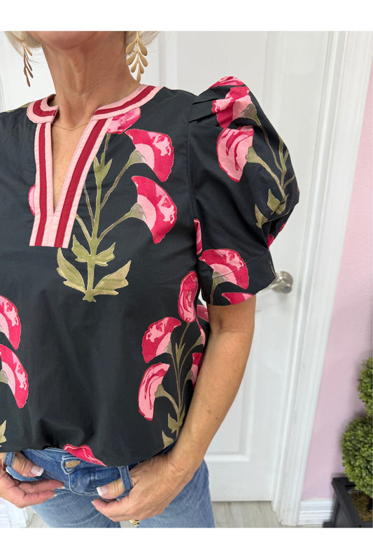 Black Floral Print Puff