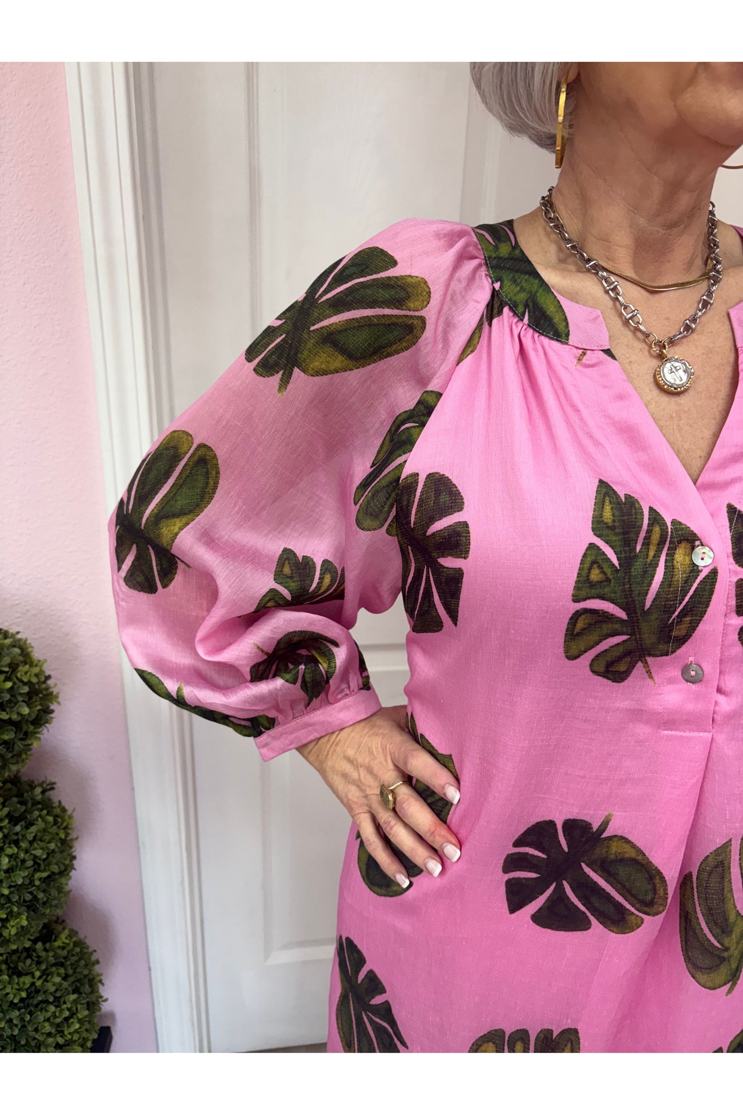 Palm Leaf Long Sleeve Maxi Dress