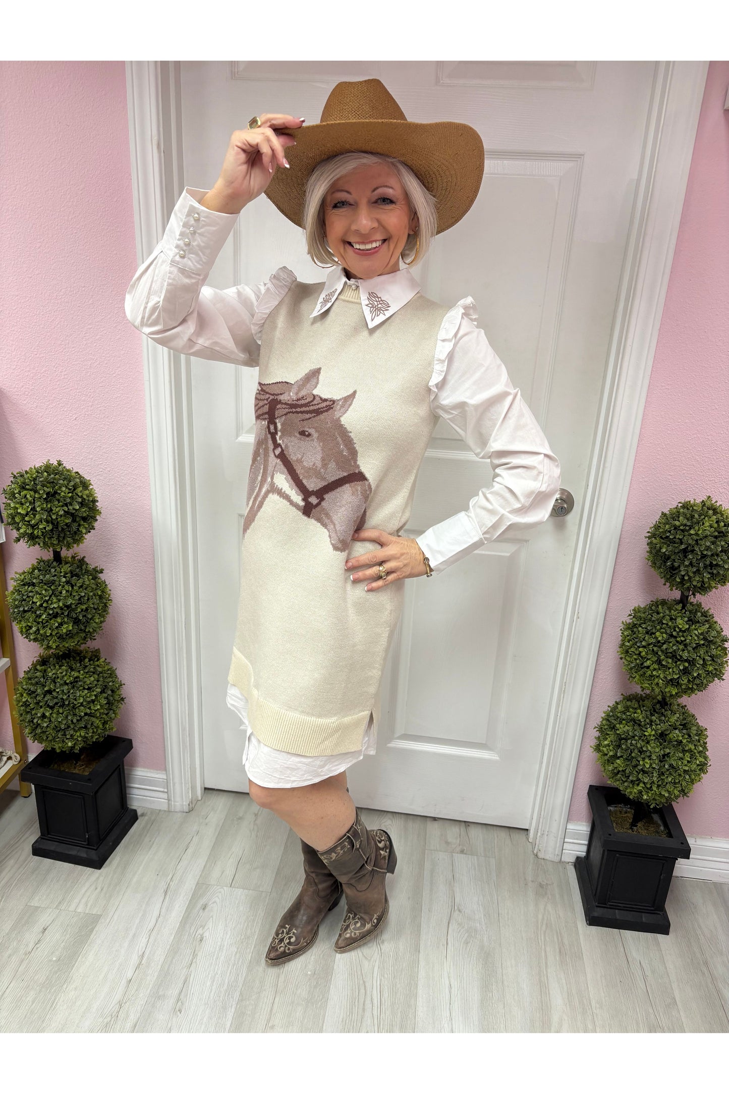 Horse Sweater Dress W/Faux White Ruffled Oxford Dress