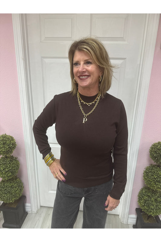 Brown Mock Neck Lightweight Sweater