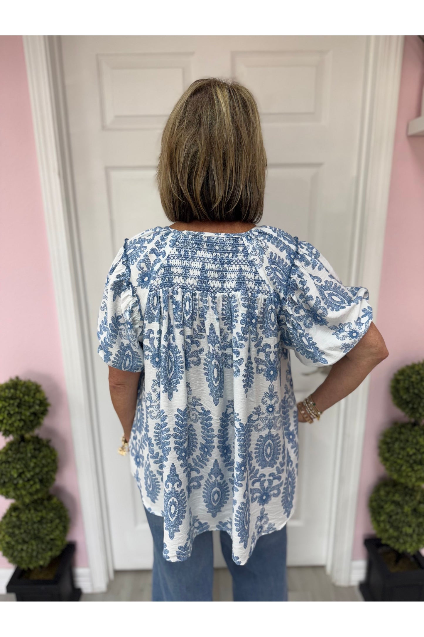 Annie Blue Patterned Smocked Blouse