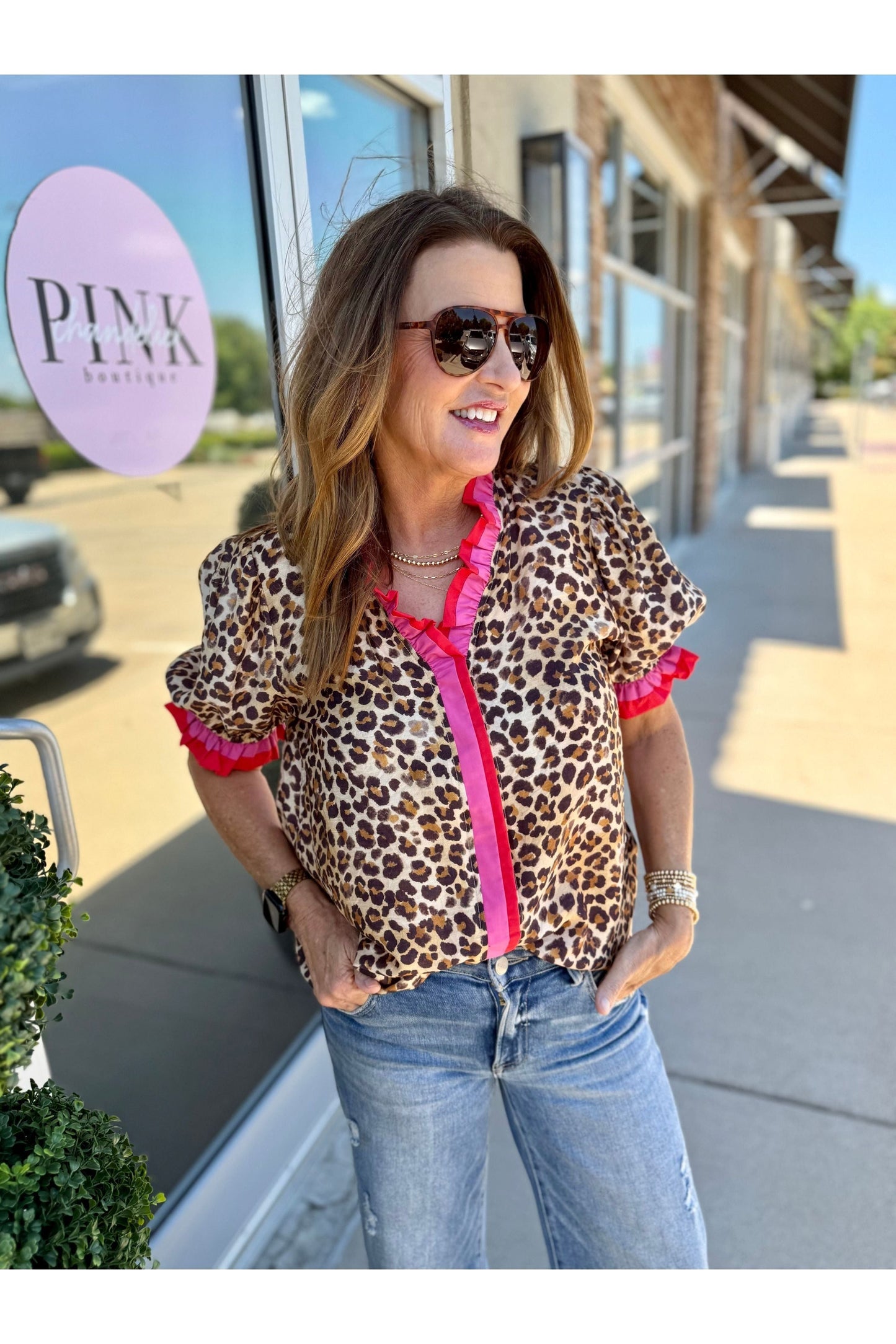 Leopard Blouse w/Red and Pink Accents