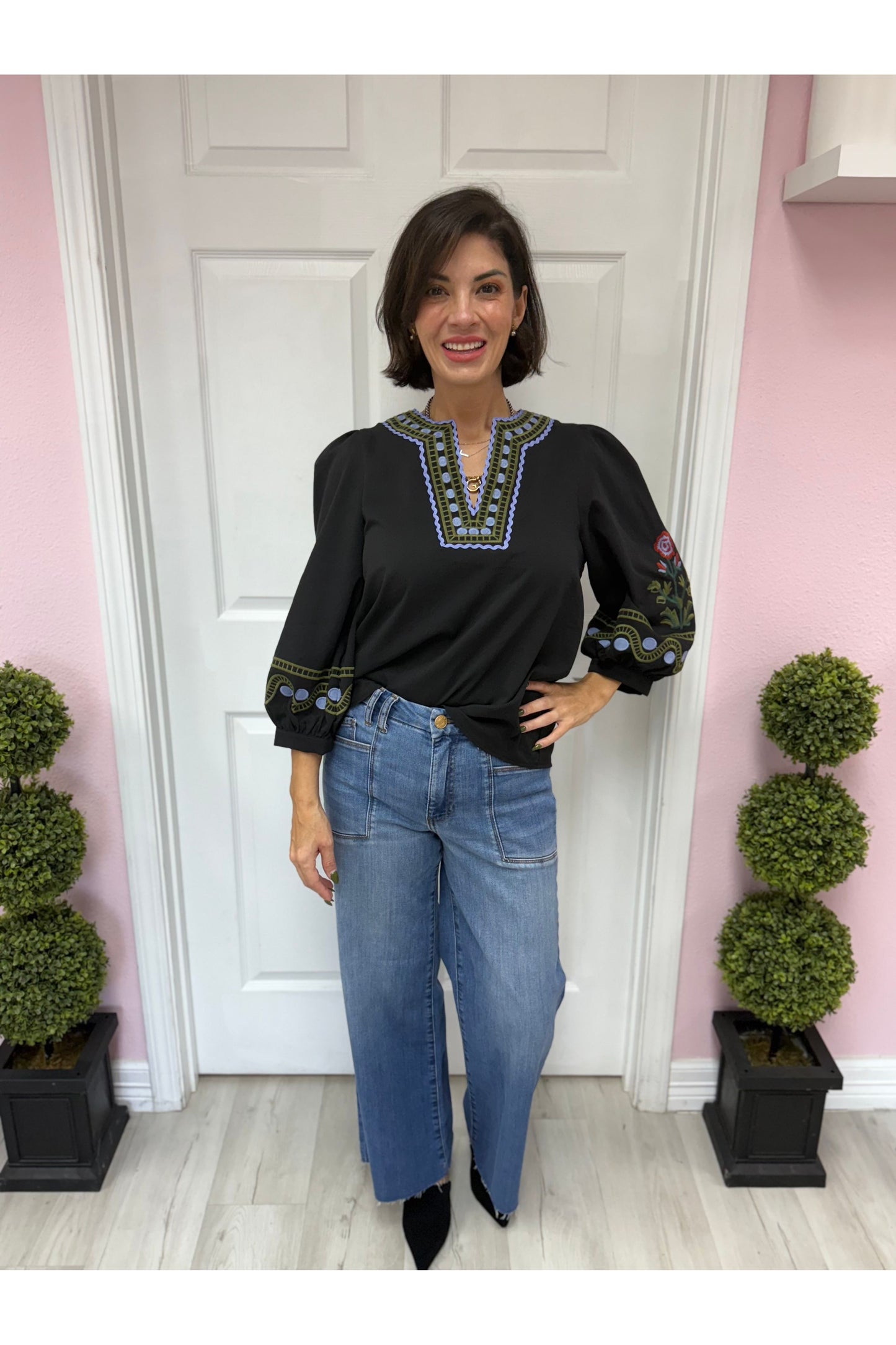 Nikki Black Embroidered Top