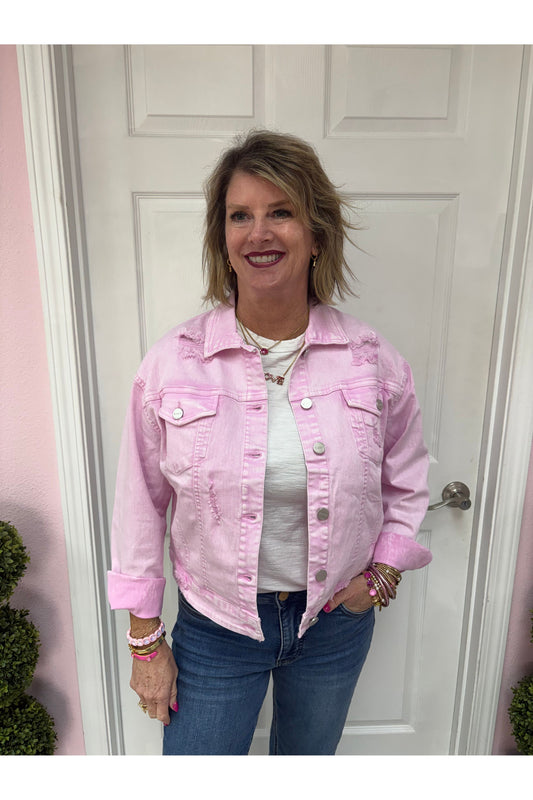 Oversized Distressed Jacket- Pink
