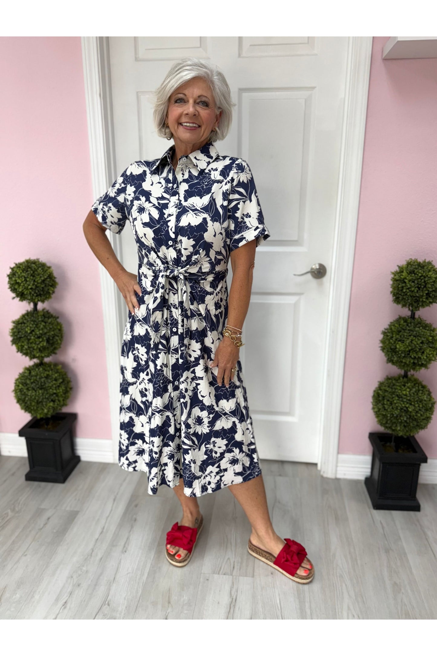 Navy Floral Midi Dress w/Front Tie