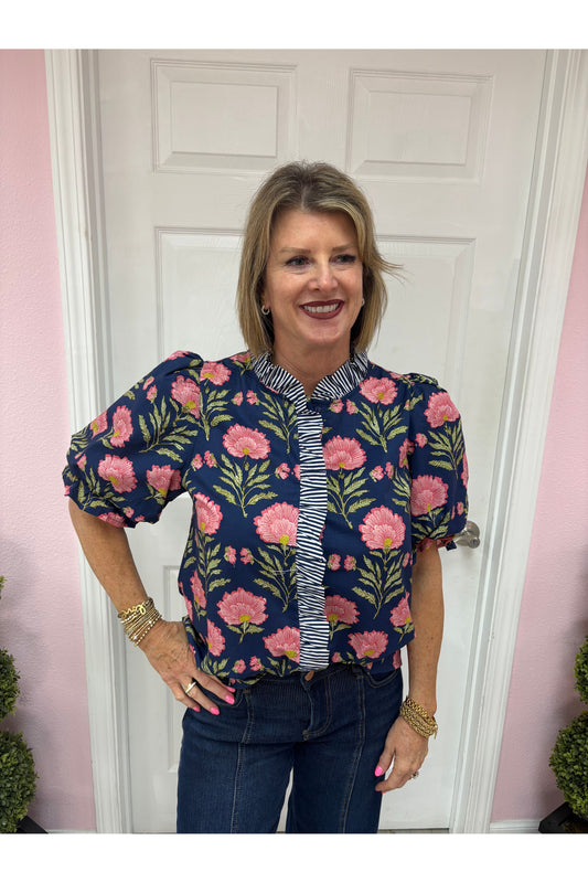 Brielle Navy Floral Puff Sleeve Top with Striped Accents