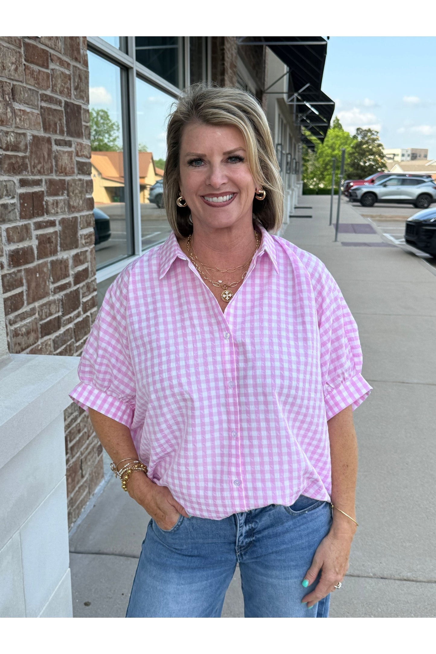 Gingham Short Sleeve Blouse