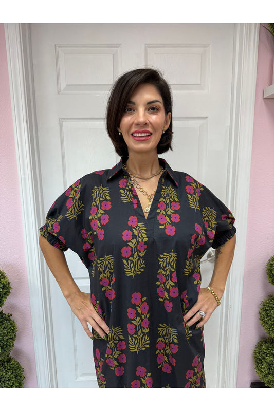 Black Botanical Print Dress