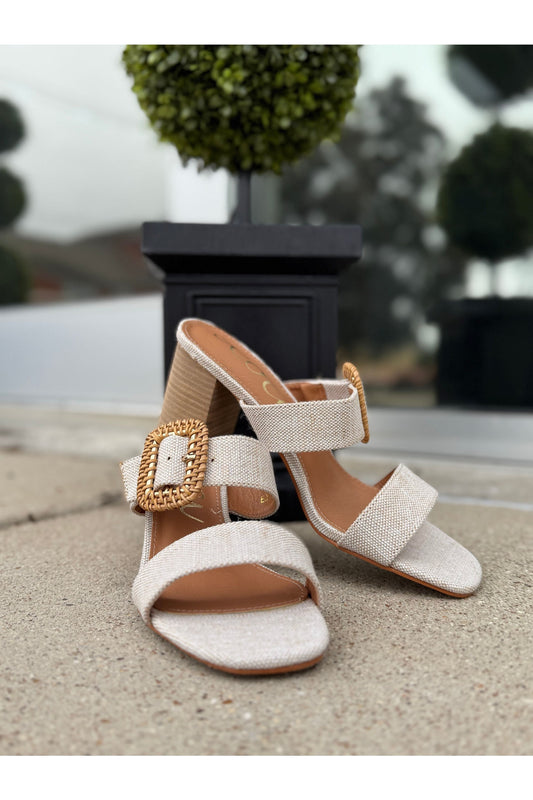 Raffia Buckle Double Strap Sandal Heel