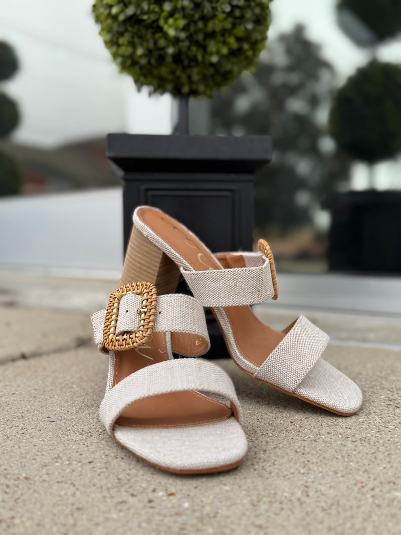 Raffia Buckle Double Strap Sandal Heel