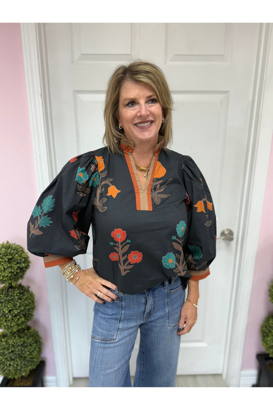 Carla Black Floral Print 3/4 Sleeve Top