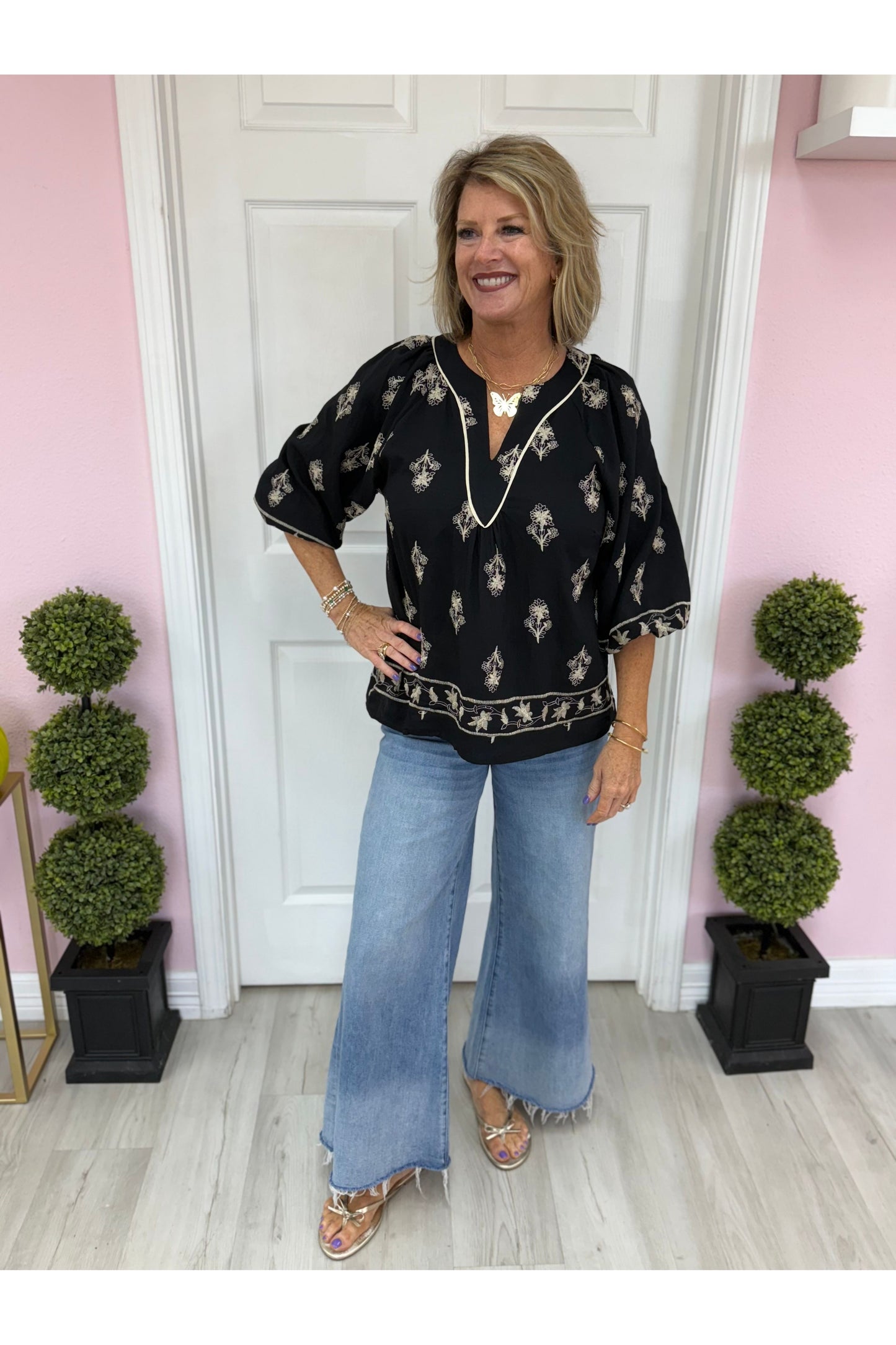 Embroidered Balloon Sleeve Blouse