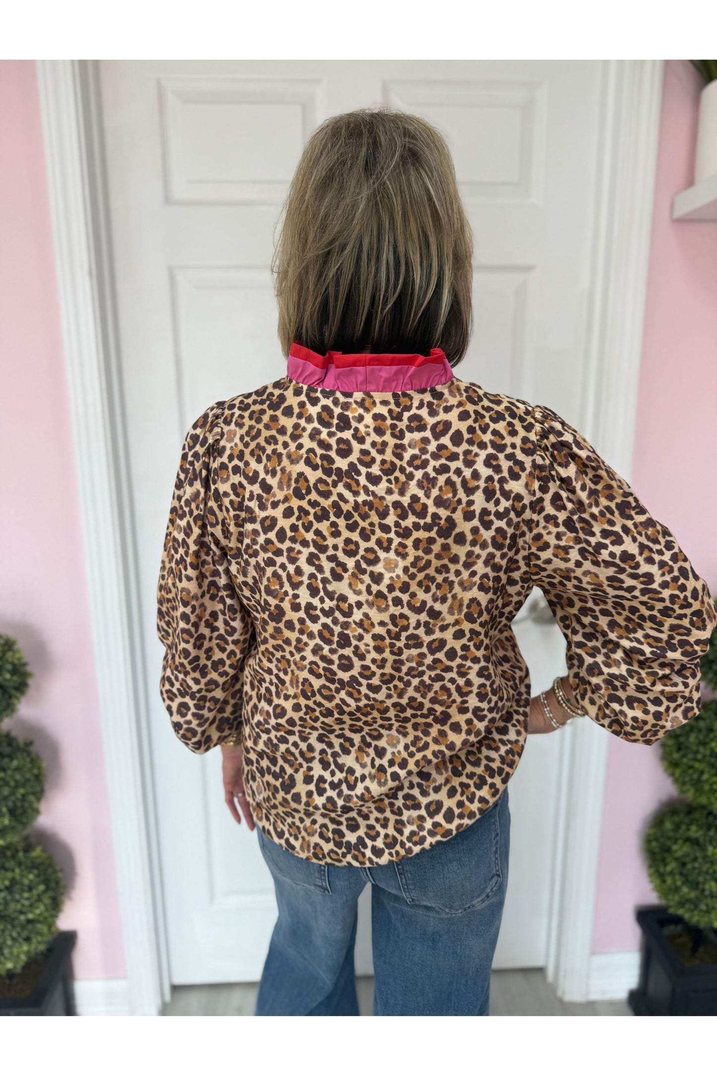 Leopard LS Blouse w/Wavy Trim