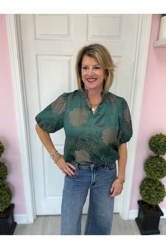 Floral Jacquard Puff Sleeve Blouse