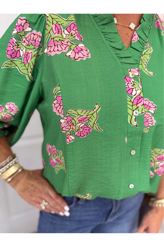 Tamra Green L/S Floral Blouse