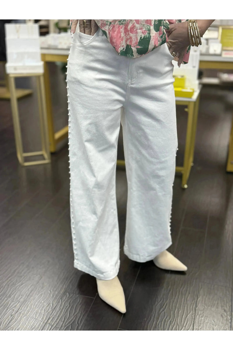 White Wide Leg Pant w/Pearl