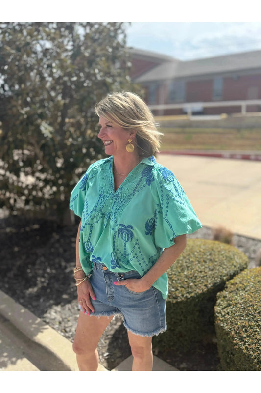 Boho Chic Palm Embroidered Blouse
