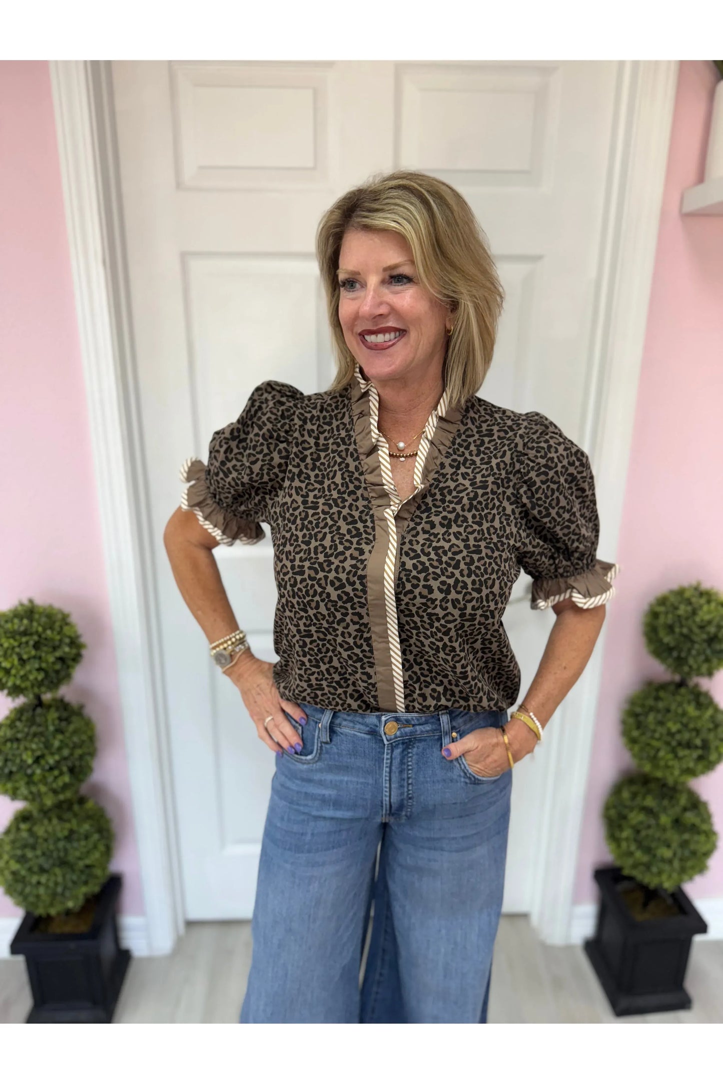 Bekah Leopard Contrast Trim Top